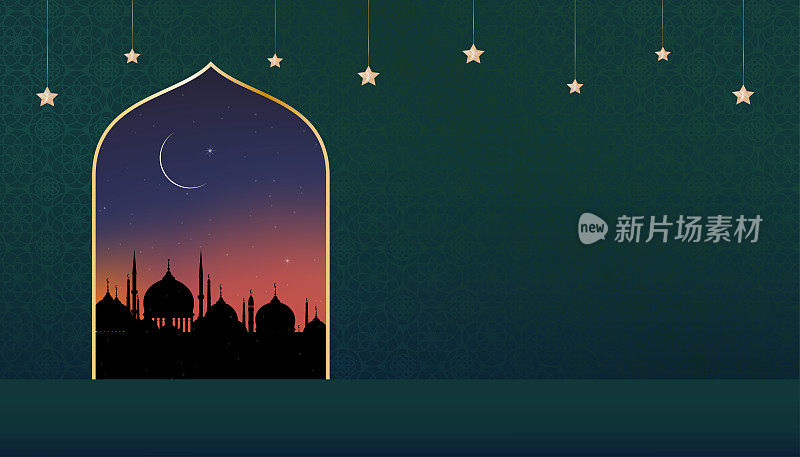 伊斯兰卡与剪影圆顶清真寺，新月，橙色的天空，Vetor Ramadhan夜与星在月亮艺术装饰绿色背景，伊斯兰教，宰牲节，开斋节穆巴拉克，开斋节，斋月卡里姆